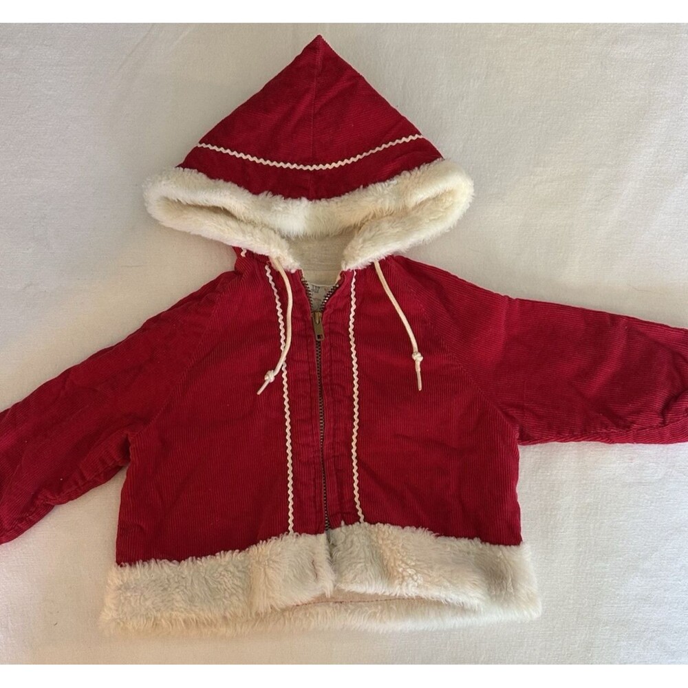 Vintage Infant Red Corduroy Jacket White Faux Fur Trim 12 Months Honeysuckle